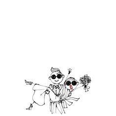 a drawing of two people with sunglasses holding flowers