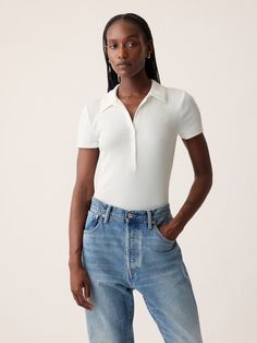 Soft, stretch modal-blend polo bodysuit.  Polo collar with snap button placket.  Short sleeves.  Snap button closure at inseam.  * Fit: Slightly fitted.  Sits close to the body.  Models wearing Gap Polo Bodysuit, Shirt Bodysuit, Polo Collar, Women's Summer Fashion, Work Outfits, Button Placket, New Woman, Toddler Boys, Snap Button