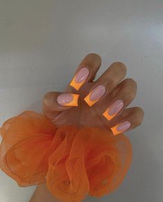 Neon Acrylic Nails Square, Orange Square French Tip Nails, Orange French Tip Square, Orange French Tip Nails Coffin, Orange French Tip Acrylic Nails, Neon French Tip Nails Square, Colour French Tips Nails Acrylic, Orange French Tip Nails Acrylics, Orange Square Acrylic Nails