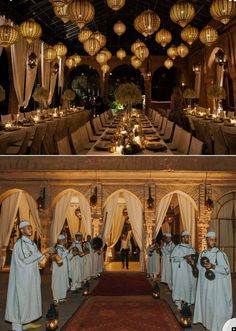 two pictures of people dressed in white robes and holding candles at a banquet hall with chandeliers hanging from the ceiling