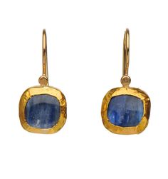 Square Kyanite Earrings wrapped with 24K Gold Elegant Blue Hammered Earrings, Gold Rectangular Gemstone Earrings, Rectangular Yellow Gold Earrings With Gemstone, Elegant Hand Forged Blue Earrings, Gold Sapphire Earrings Gift, Handmade Yellow Gold Rectangular Jewelry, Handmade Rectangular Yellow Gold Jewelry, Blue Hammered Earrings For Gift, Rectangular Yellow Gold Earrings For Gifts