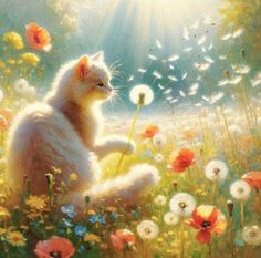 a painting of a cat sitting in a field with dandelions and daisies