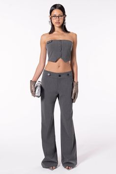 Fits true to size High rise straight cut Pinstripe fabric Buttons details at front