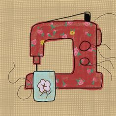 the sewing machine is red and has pink flowers on it's front, along with a blue square