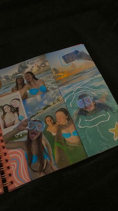 an open notebook with pictures of women in bikinis and swimming goggles on it