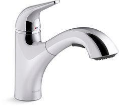 a chrome faucet with the water running from it's side spout