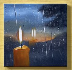 a painting of three candles on a rainy day