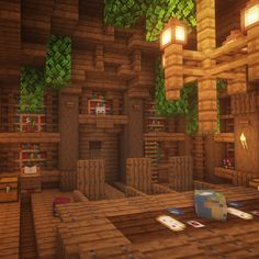 a large room filled with lots of wooden furniture and lighting fixtures in minecraft style