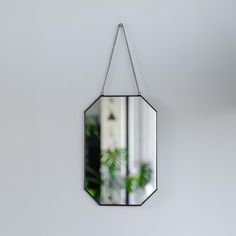 a mirror hanging on the wall next to a plant