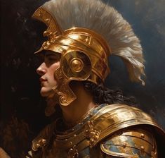 a painting of a roman soldier wearing gold armor and feathered headdress, looking off to the side