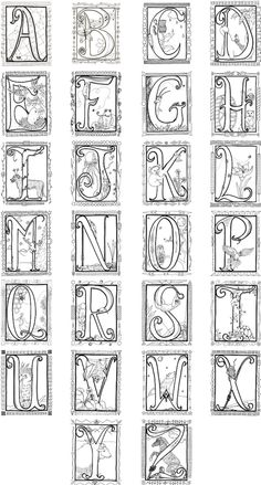 some type of alphabets that are drawn in black and white, with the letters on each