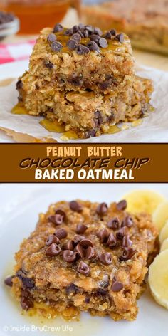 peanut butter chocolate chip baked oatmeal bars stacked on top of each other