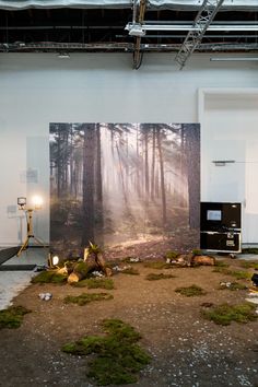 an art installation with moss growing on the ground in front of a large painting and light fixture