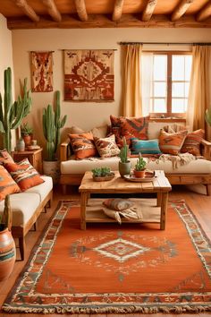 a living room filled with lots of furniture and plants on top of a wooden table