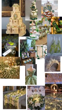 a collage of photos showing different types of wedding cakes and flowers in green, white and gold colors