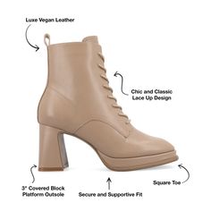 Introducing Kalindi by Journee Collection, the combat bootie that is both bold and a basic classic. The lace-up detail with an easy inside zipper, soft vegan leather construction, and 3-in curved covered block heel with a low platform make Kalindi the perfect combination of comfort and style. With a roomy square-toe design and a 4 mm Tru Comfort Foam™ insole, the Kalindi by Journee Collection is the perfect choice for anyone who wants to make a statement while staying comfortable all day. Journee Collection, Toe Designs, Boot Shoes Women, Bootie, Block Heels, Bootie Boots, Vegan Leather, Shoe Boots, Perfect Fit