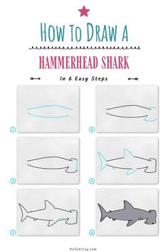 6 drawings demonstrating how to draw a how to draw a hammerhead shark for kids. Shark Drawing Easy, Whale Shark Drawing, Sea Creatures Drawing, Full Drawing, Ocean Drawing, Sea Drawing, Sharks For Kids, Drawing Lessons For Kids