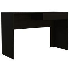 a black desk with an open drawer underneath it