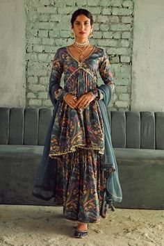 Buy Atelier Shikaarbagh Blue Silk Tissue Zardozi Embroidered Kurta Gharara Set Online | Aza Fashions Churi Sleeves, Kurta And Sharara, Kurta Sharara Set, Red Kurta, Dress For Bride, Kurta Sharara, Draping Fashion, Kalamkari Saree