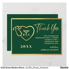 a green and gold graduation thank card