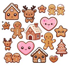 christmas cookies and gingerbreads are arranged in the shape of hearts, snowflakes, houses, and trees