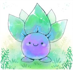 a drawing of a blue and purple flower with green leaves