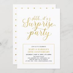 a surprise party card with gold foil lettering