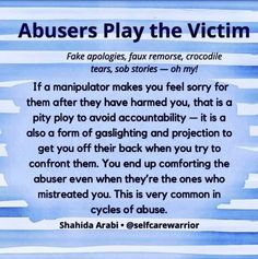 a poem written in blue and white with an image of the words abusers play the victim