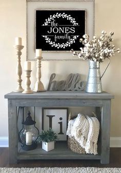 a shelf with some candles and pictures on it in front of a sign that says the jones family