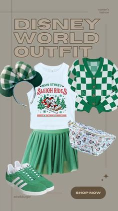 the disney world outfit is shown in green and white