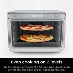 two pizzas cooking in an oven with the caption even cooking on 2 levels