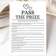 a piece of paper with the words pass the prize written in black and white on it