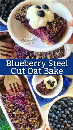 blueberry steel cut oat bake with berries and whipped cream in the middle