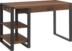 a wooden desk with metal legs and shelves