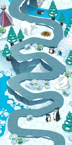 an animated map with penguins, polar bears and other animals in the snow near trees