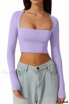 Olivia Mark - Slim Fit Solid Color Crop Top with Square Neckline and Long Sleeves Fitted Purple Crop Top For Fall, Fitted Solid Color Crop Top For Spring, Purple Long Sleeve Crop Top For Spring, Compression Tank Top, Colorful Crop Tops, Purple Long Sleeve, Brown Outfit, Sleeve Detail, Long Sleeve Casual