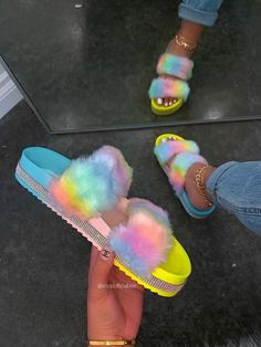 Neon Sandals, Fluffy Shoes, Cute Slides, Casual Shoes Outfit, Jordan Shoes Girls, Fashion Shoes Sandals, Cute Nike Shoes