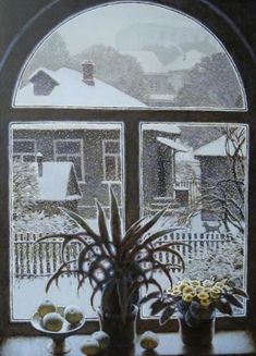 a painting of a potted plant on a window sill in front of a snowy scene