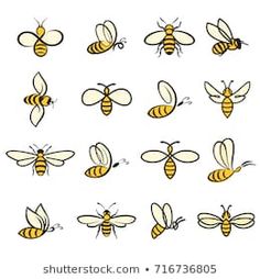 honeybees in different positions and colors on a white background, hand drawn illustration