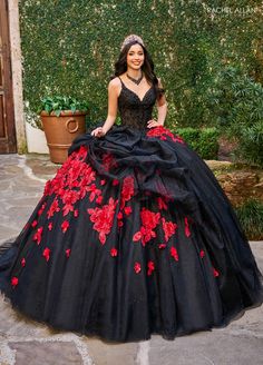 Be red carpet ready in this floral applique long off the shoulder corset dress with A-line skirt by Rachel Allan RQ1144. This flawless quinceañera gown combines the bold drama of black with vibrant red or sublte pink with gold floral appliqués, creating a stunning visual contrast. The gown features a detailed, bead-encrusted bodice and a full, luxurious skirt that includes a dramatic floral cape for added impact. Perfect for a quinceañera looking to make a bold statement, this gown ensures all e Black Quince Dress, Off The Shoulder Corset Dress, Dama Dresses Quinceanera, Quinceanera Dresses Black, Floral Cape, Tulle Applique, Black Quinceanera Dresses, Red Quinceanera Dresses, Dama Dresses