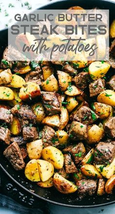 garlic butter steak bites with potatoes in a skillet