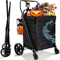 a black wagon filled with lots of halloween items