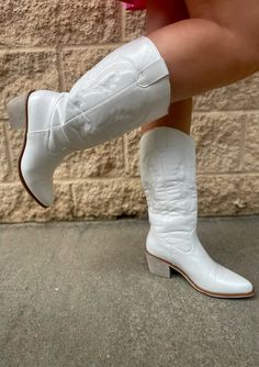 SHOES 6 / WHITE The Caroline Boot Trendy Ranch Boots For Spring, White Boots For Ranch In Fall, White Heeled Boots For Rodeo In Fall, White Heeled Boots For Fall Rodeo, White Mid-calf Boots For Ranch In Fall, Spring Wide Calf Knee-high Boots For Ranch, Western White Boots With Stacked Heel, Spring Ranch Boots With Round Toe, White Mid-calf Boots For Rodeo In Fall