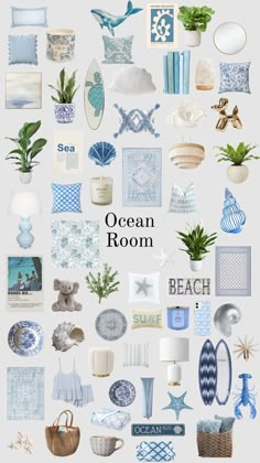 the ocean room is full of blue and white items, including shells, sea urns,