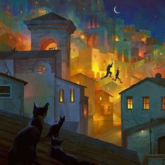 a cat sitting on top of a roof next to a building under a night sky