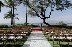 an outdoor ceremony set up with chairs and petals on the aisle, overlooking the ocean