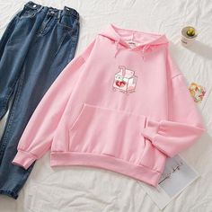 Kawaii Hoodies, Ruffled Feathers, Milk Box, Soft Hoodie, Round Neck Tops, Loose Sweater, Pink Hoodie, Printed Sweater, Hooded Sweater