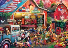 a jigsaw puzzle with an old truck and farm scene