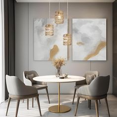 an elegant dining room with modern chairs and art on the wall behind it, along with a round white table surrounded by gray upholves