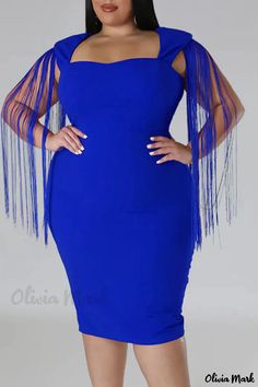 Olivia Mark - Bold Red Plus Size Dresses with Intriguing Tassel Detailing and Square Collar (Actual Item Appearance May Vary) Green Plus Size Dresses, Blue Plus Size Dresses, Black Plus Size Dress, Black Collared Dress, Elegant Red, Stylish Plus, Patchwork Dress, Collar Designs, Plus Size Dress